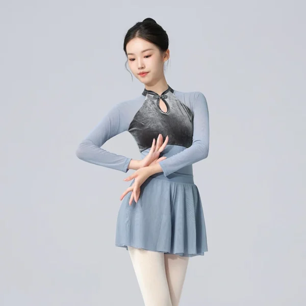 Woman Ballet Leotards Chinese Style Gymnastics Leotards Velvet Splice Long Sleeves Ballet Bodysuit Nylon Dancing Activewear 4