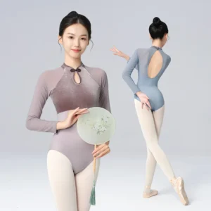 Woman Ballet Leotards Chinese Style Gymnastics Leotards Velvet Splice Long Sleeves Ballet Bodysuit Nylon Dancing Activewear 1