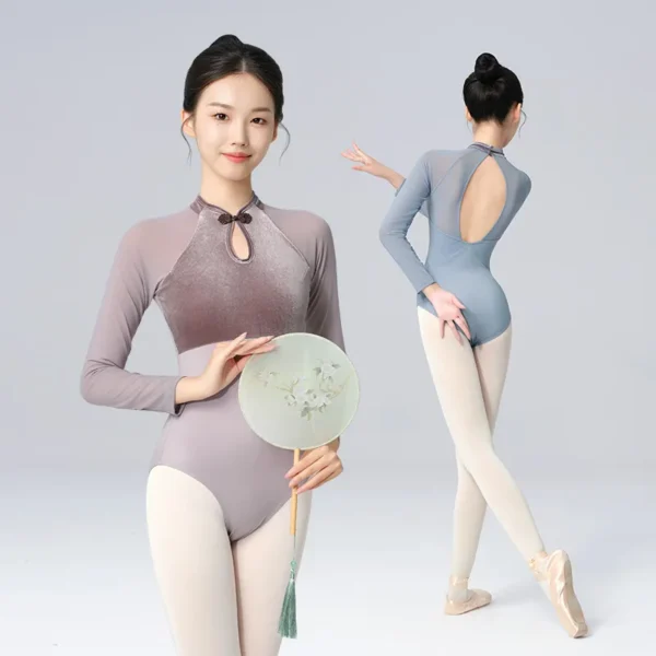 Woman Ballet Leotards Chinese Style Gymnastics Leotards Velvet Splice Long Sleeves Ballet Bodysuit Nylon Dancing Activewear 1