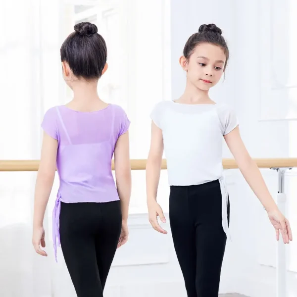 Ballet Tops Girls Dance T-shirt Tops Kids Summer Dance Clothes With Side Bandage Design Short Sleeves Mesh Nylon Tops 3