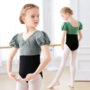 Girls Ballet Leotards Puff Sleeves Cotton Splice Gymnastics Leotard Dancing Bodysuit Dance Leotard Dancewear Kids Dance Costumes 1